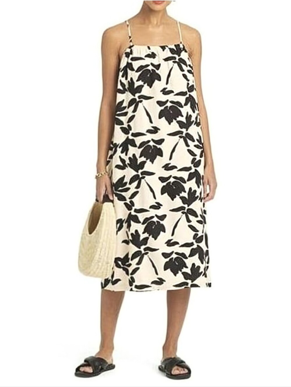 ✨Like New✨ a new day Linen Blend A-Line Shift Dress Cream Black Floral Pockets L